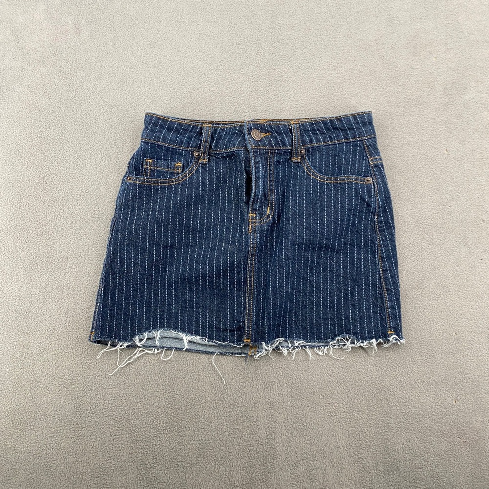 Dark Wash Pinstripe Denim Mini Skirt Raw Hem Frayed‎ Blue Stripe Skirt